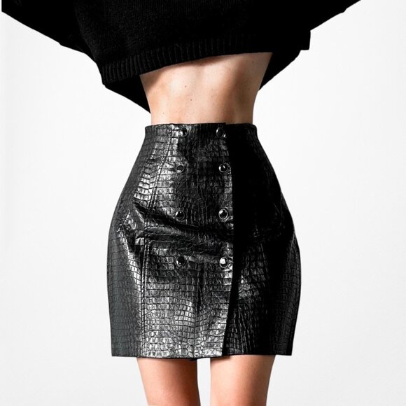 Zara Black Crocodile Faux Leather Button Front High Waisted Mini Skirt Size XS/S - Picture 1 of 6